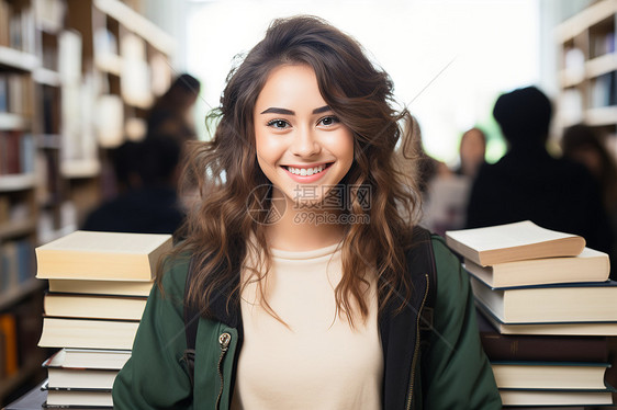 书本旁年轻的女孩图片