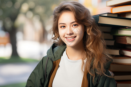 站在书籍旁的大学生图片