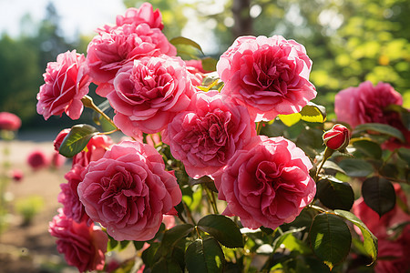 夏季花园中绽放的粉色玫瑰花背景图片