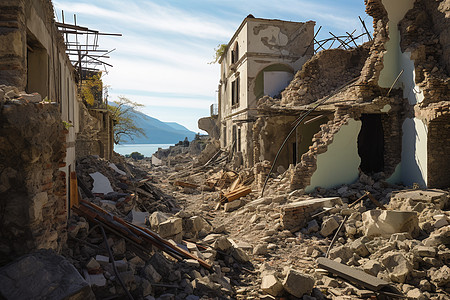 地震废墟自然灾害后的房屋建筑废墟背景