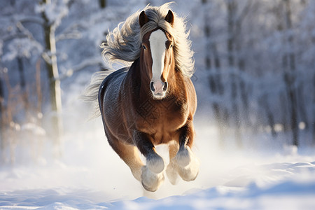 动物马冬日积雪树林里的马背景