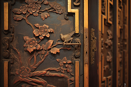 古朴木艺门上的铜雕背景图片