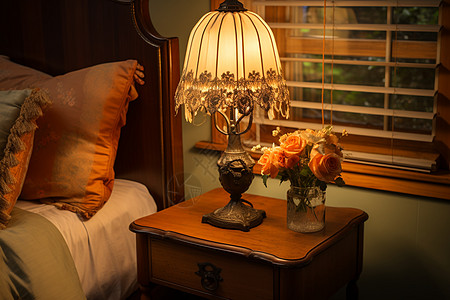 木质床头柜上的台灯背景图片