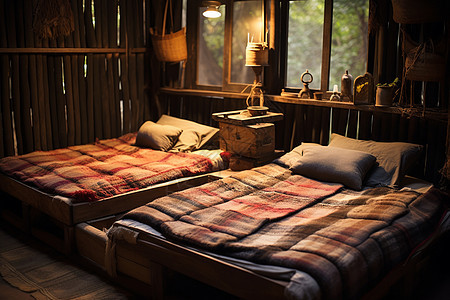 木屋房间里的床图片