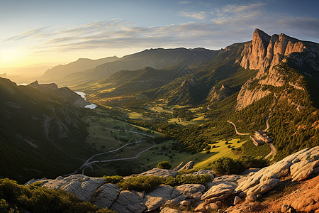日落时分的山谷景色背景图片
