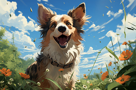 夏季田野中欢乐玩耍的宠物狗狗背景图片