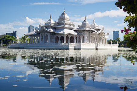 壮丽的湖畔古建筑景观背景图片