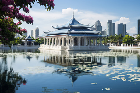 中式古建筑湖畔古建筑的美丽景观背景