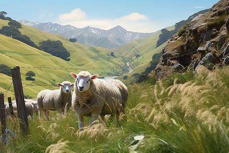 羊群在茂密绿色草地上图片