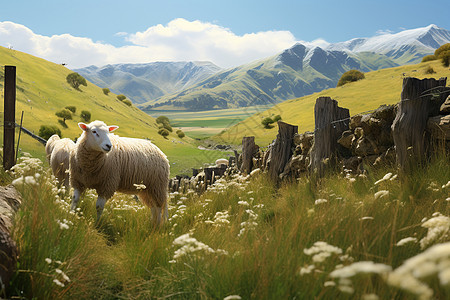 草原与山脉背景下的羊图片