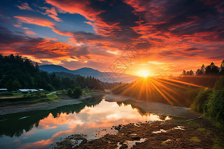 河边的山脉和夕阳背景图片