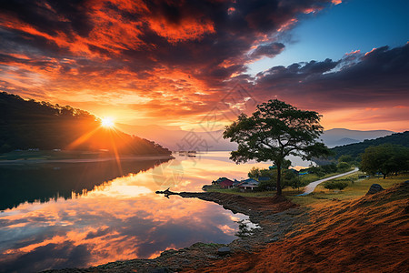湖岸上美丽的夕阳背景图片