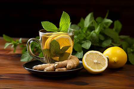 桌面上美味的柠檬薄荷茶图片