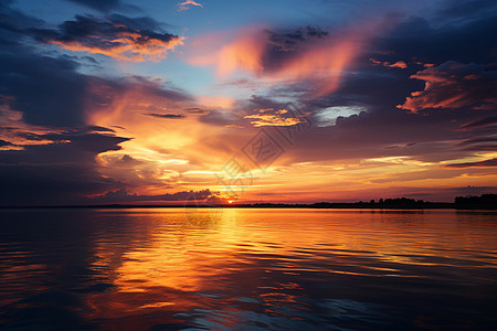 户外映照在海面上的夕阳背景图片