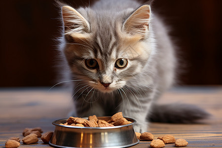 地板上吃食物的猫咪背景图片