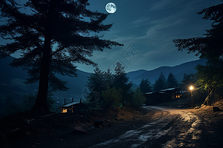 夜晚道路农村的村庄道路背景