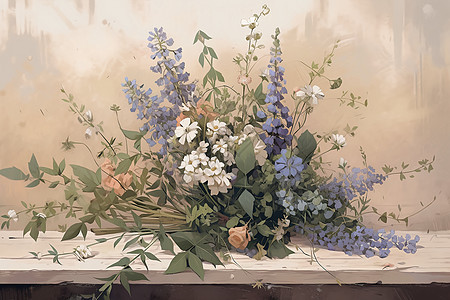 桌面上的野花绘画图片