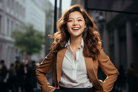 姜黄色西装的女子图片