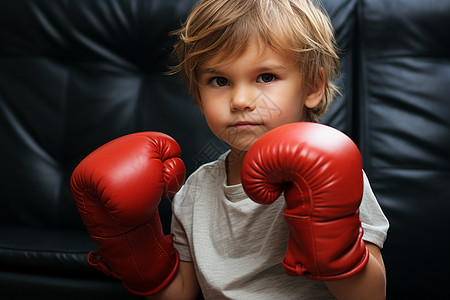 小男孩戴着拳击手套图片