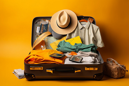 行李丛中的黄色帽子图片