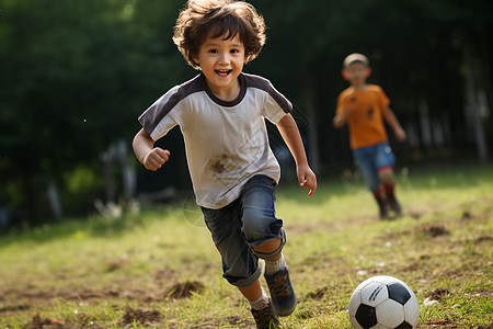 户外玩耍踢足球的小男孩背景