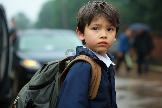 上学路上的小男孩图片