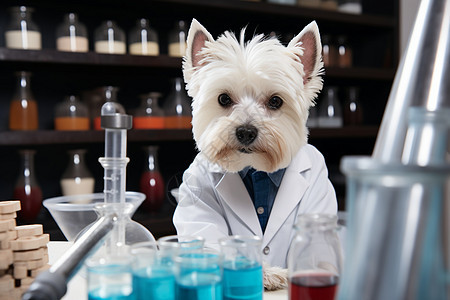 一只狗穿着实验服背景图片