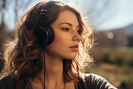 戴耳机听音乐的外国女子图片