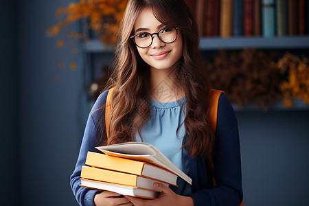 女大学生站在书架前图片