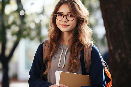 女大学生在树前图片