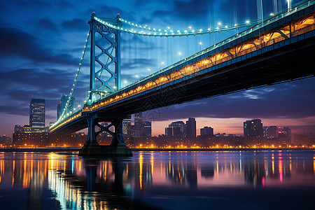 夜晚灯火通明的跨水面桥梁建筑背景图片
