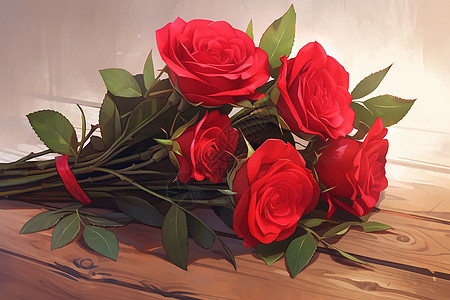  红色木木桌上的玫瑰花束插画