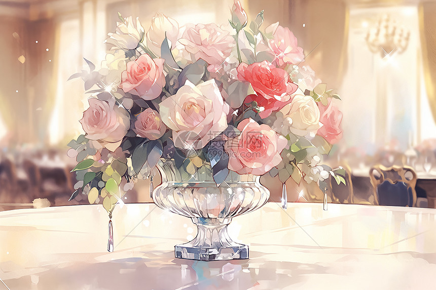 水晶花瓶中的一束玫瑰图片