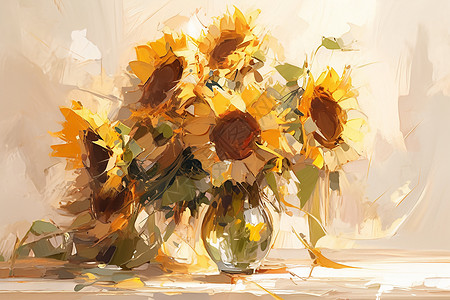 油画向日葵在花瓶里图片