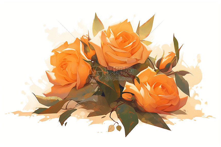 油画风格的橙色玫瑰花图片