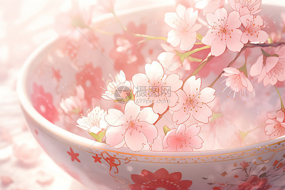 粉色浪漫的樱花落在碗中图片