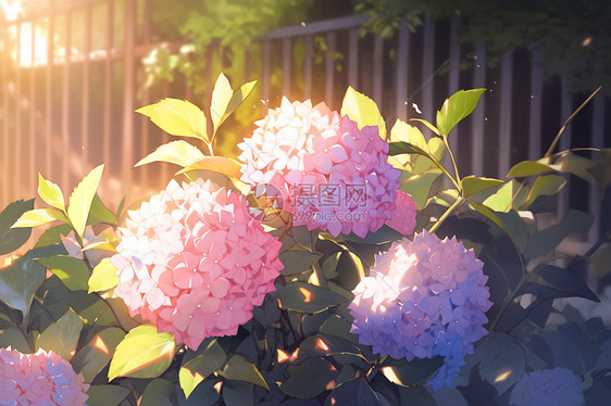 阳光照射夏的绣球花花朵图片