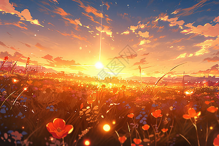 日出草原上绽放的美丽花海图片