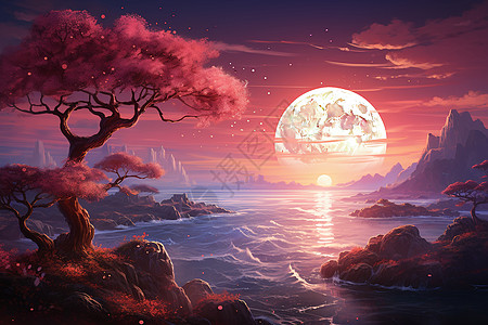 幻境映彩粉红的海洋景观图片