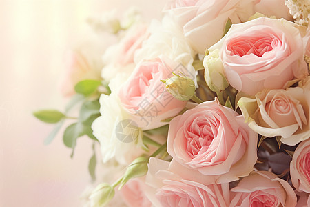粉色鲜花绿植粉白色玫瑰花束近景背景