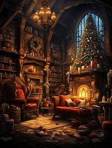 温馨圣诞节的书房场景背景图片