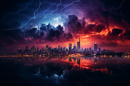 夜幕下的城市雷暴景象背景图片