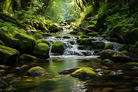 茂密绿林中的一条小溪图片