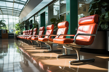 机场大厅内一排红色座椅背景图片