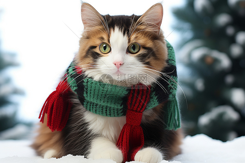 可爱的猫咪在雪地里图片