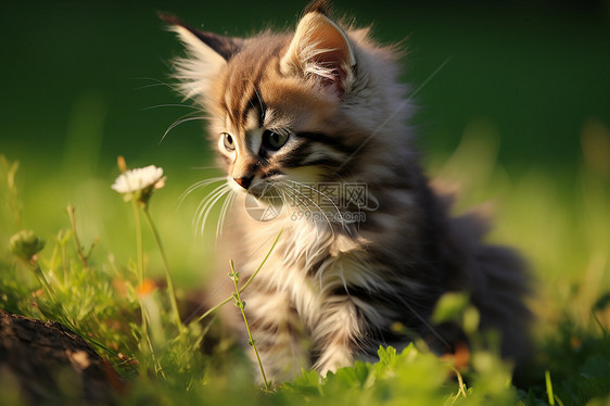 小猫在草地上欣赏花朵图片