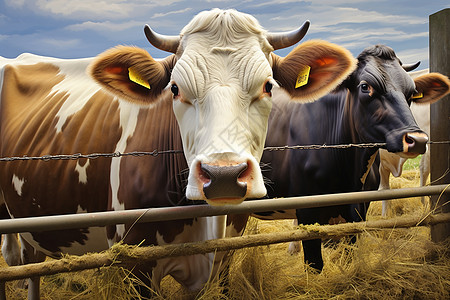 两只牛在草地上的篱笆后面图片