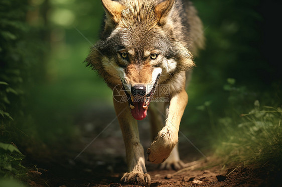 黑山狼奔驰于森林中图片