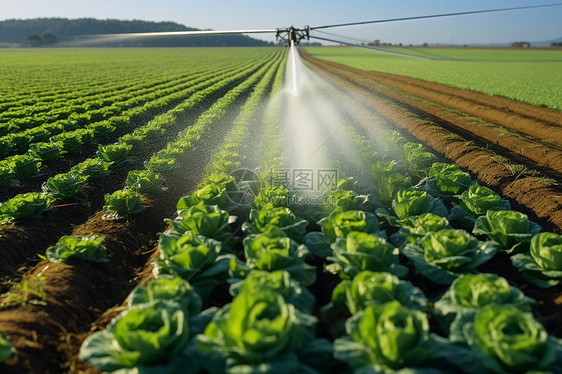 农田中喷洒水的喷灌器图片