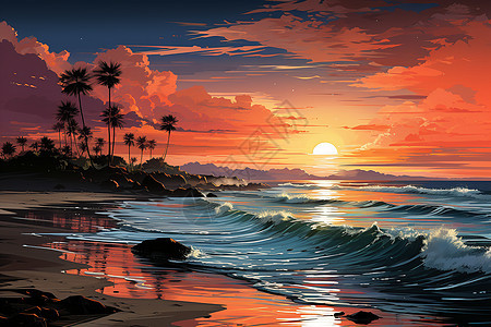 日落时的海洋海浪图片